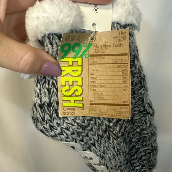 Francesca's Collection 99% Fresh Supper Socks Gray Fuzzy Coffee First NWT - Picture 2 of 4